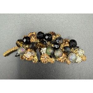 Vintage Juliana D&E Topaz Black Bead AB Rhinestone Cha Cha Leaf Brooch Pin